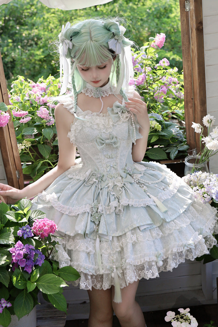 Jacquard Square Collar Sleeveless Layered Cherry Lace Pearl Bow Lolita JSK