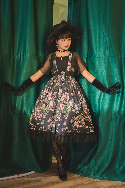 Black French Rose Print Square Collar Ruffled Classic Lolita OP Dress - Altfashion Shop