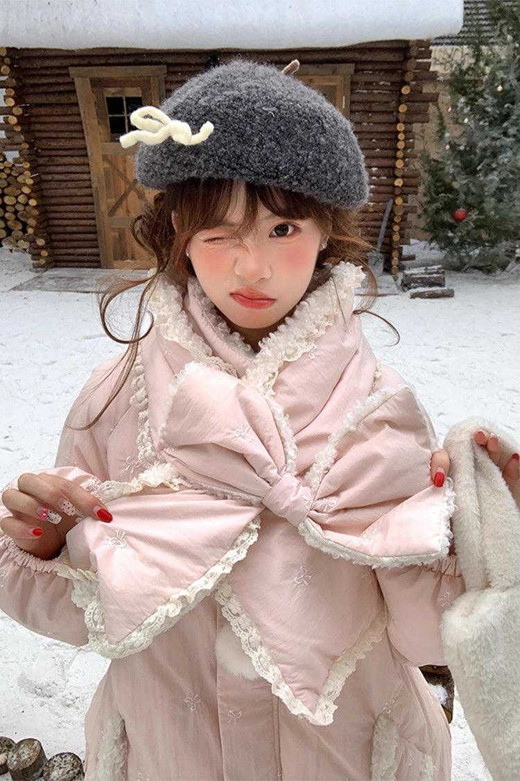 Pink Down-Filled Bowknot Long-Sleeve Coat