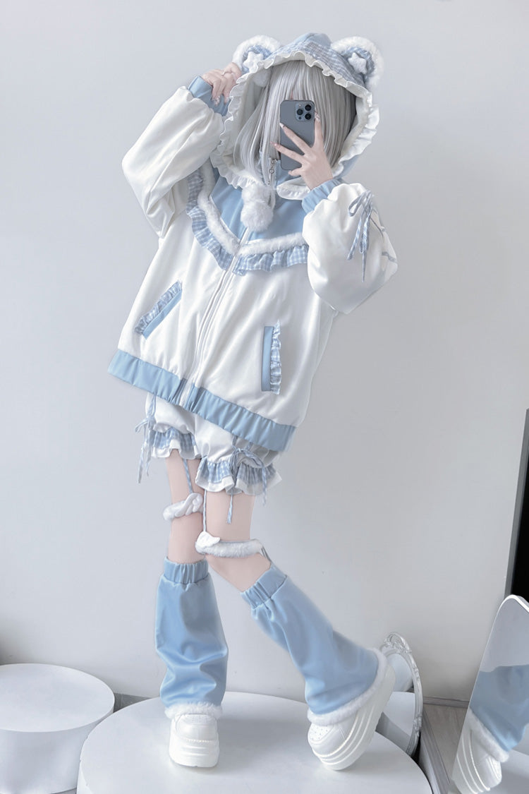 Ivory and Blue Star Bear Motif Hooded Ruffle Sports Jacket