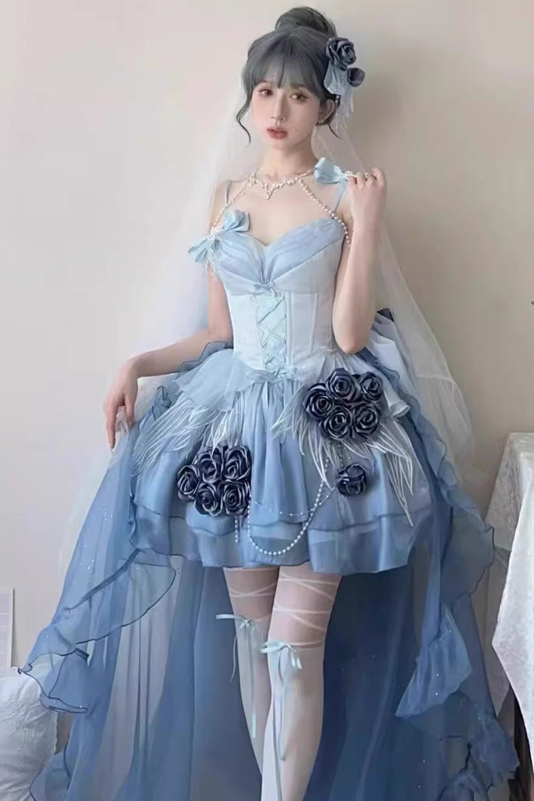 Sky Blue Swan Wonderland Embroidery Bowknot Lace-Up Ballet Jsk Dress Short