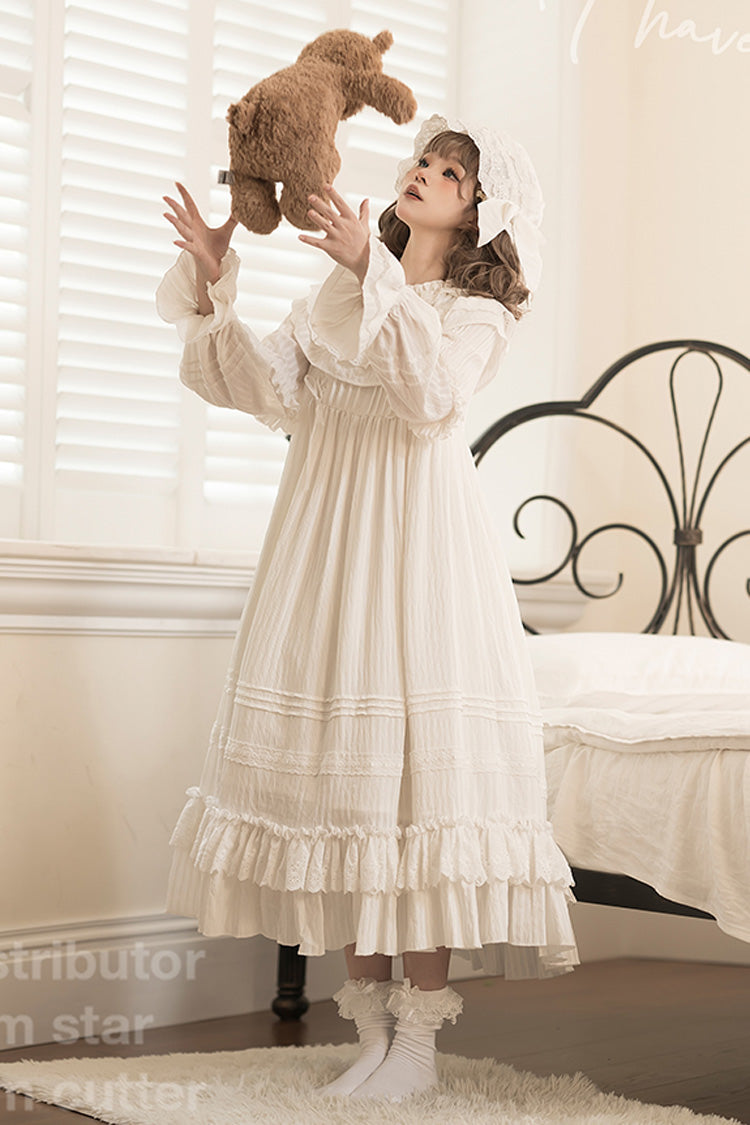 Ivory Long Sleeve Double Ruffle Bow Lace-Up Holy Dress