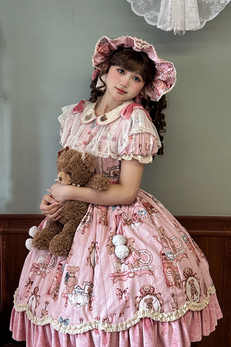 Bear Print Short-Sleeve Ruffled Bow Dress