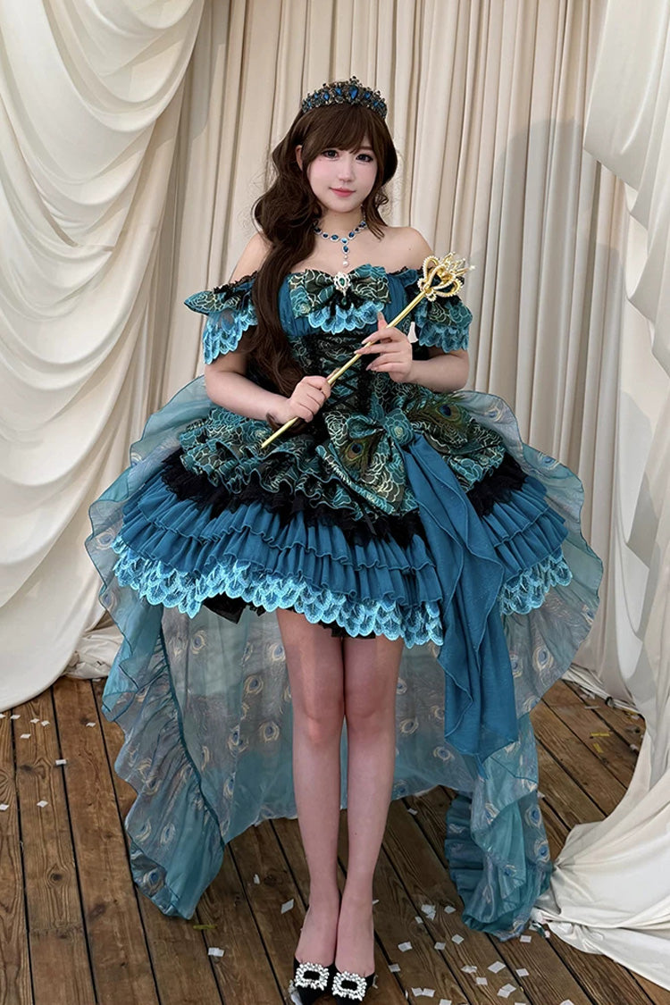 Peacock Sleeveless Ruffled Bow Lace-Up Elegant Lolita JSK - Blue/Green