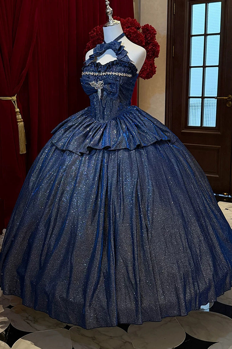Sweet Lolita Skirt Set with Ruffled Cut-Out Bow and Glitter - Blue
