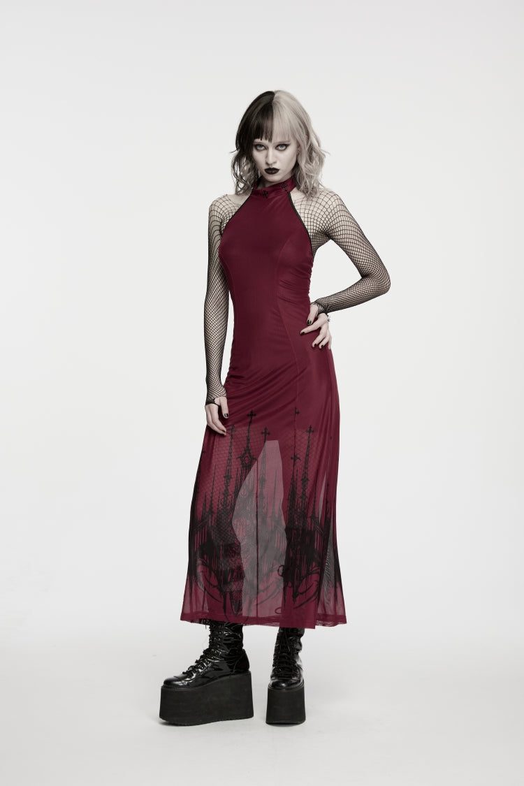 Red Halterneck Sleeveless Double-Layer Church Skull Printed Lace-Up Slim Gothic Dress