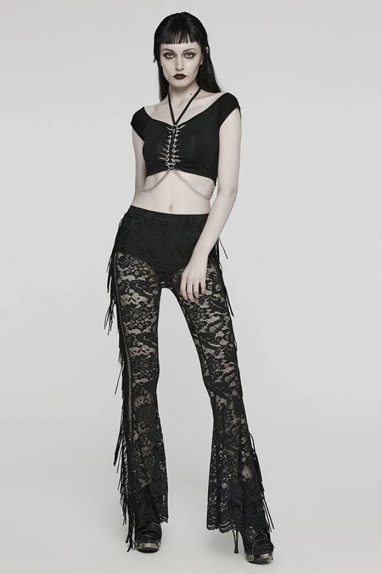 Halterneck Steampunk Tee with Metal Chain Accents for Women