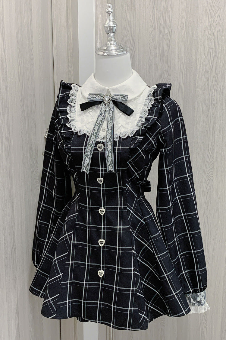 Heart-beating Limited Plaid Print Bowknot Lace Gothic Jirai Kei Dress Set - Black/White