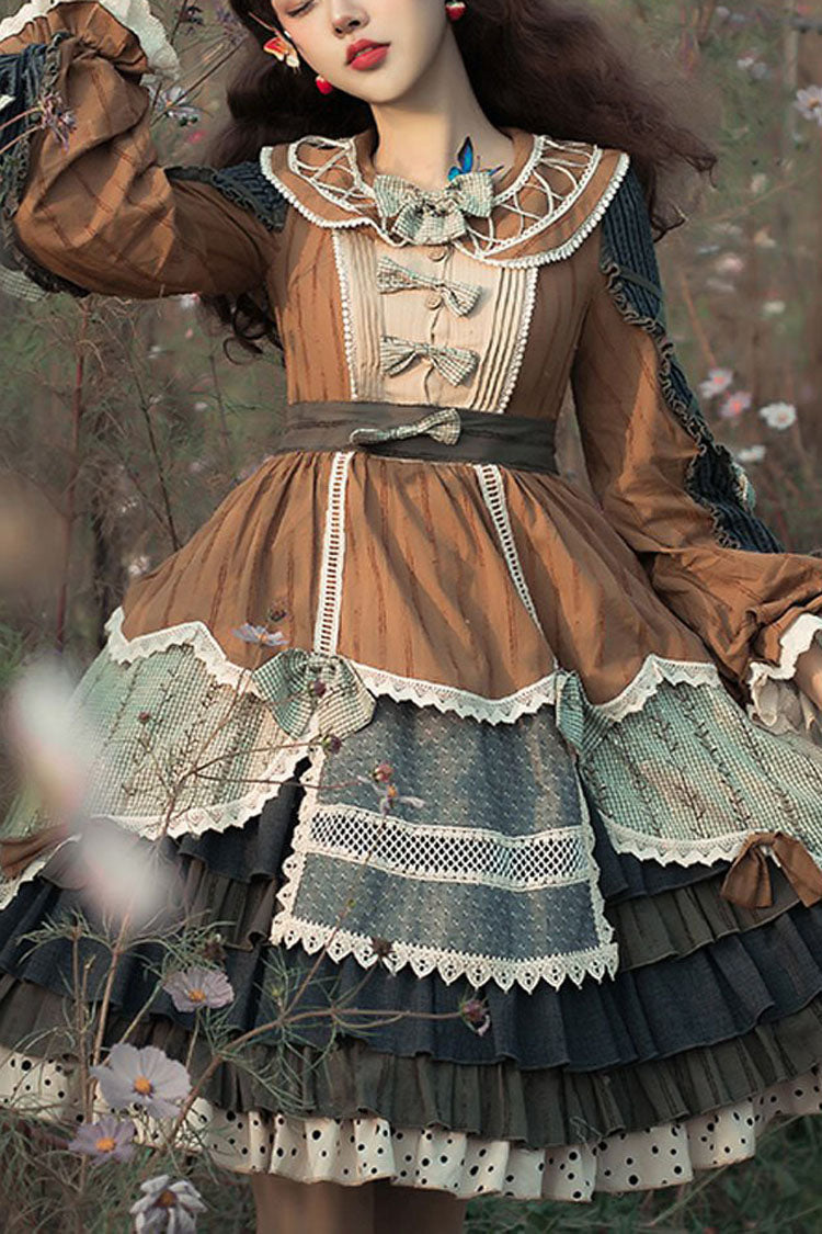 Multi-Color Retro Classic Lolita OP Dress Stitching Color Ruffled Tiered - Altfashion Shop