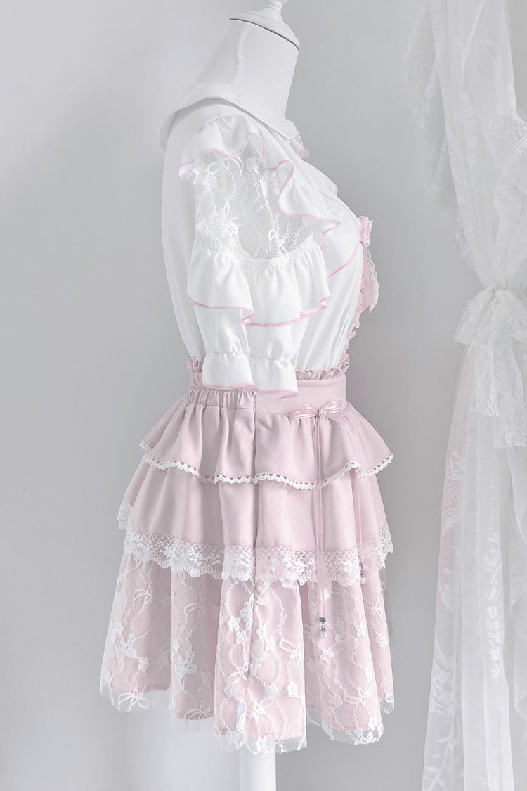 Pale Pink & White Short-Sleeve Triple Ruffled Bow Lace Jirai Kei Skirt Ensemble