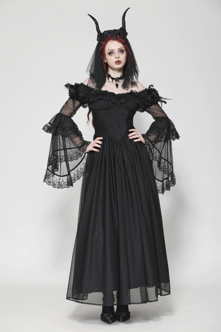 Elegant Gothic Off-Shoulder Tulle Gown with Lace Trim and Flared Sleeves