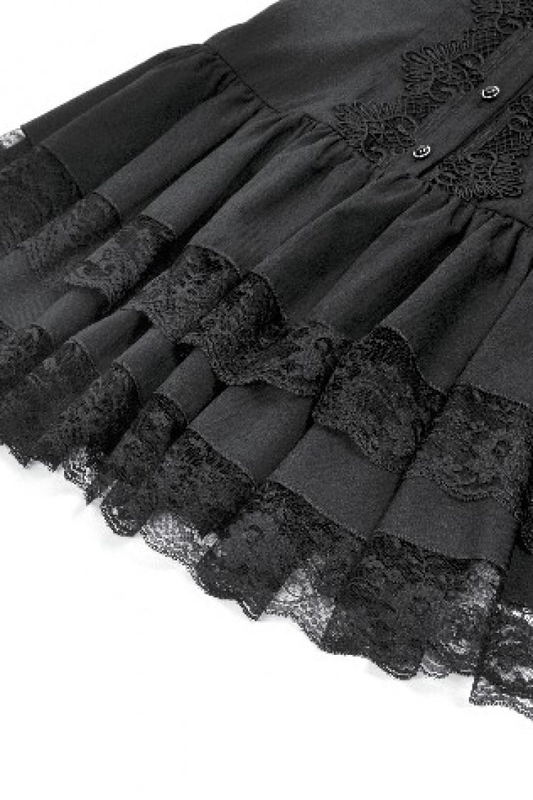 Jet-Black Lace-Up Dress with Bishop Sleeves and Layered Hem