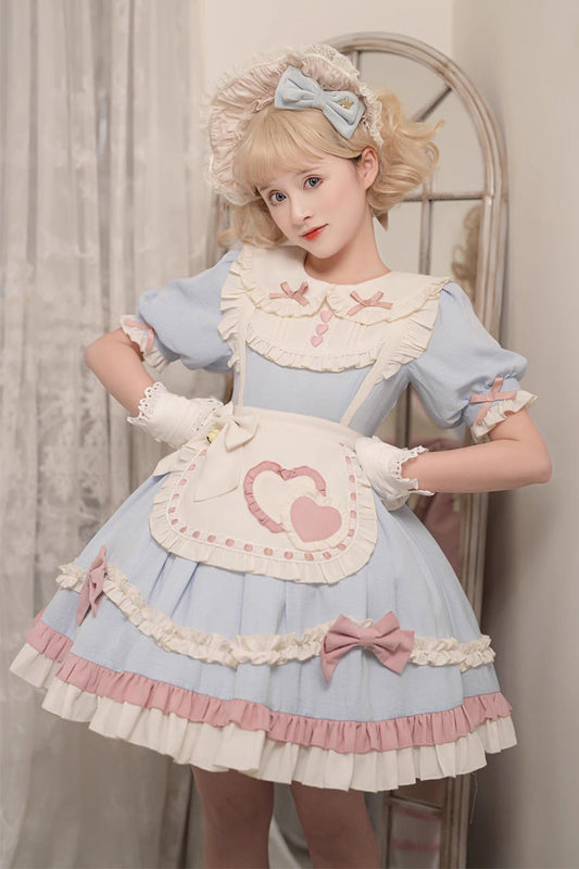 Azure Maid-Style Sweet Princess Dress with Puff Sleeves