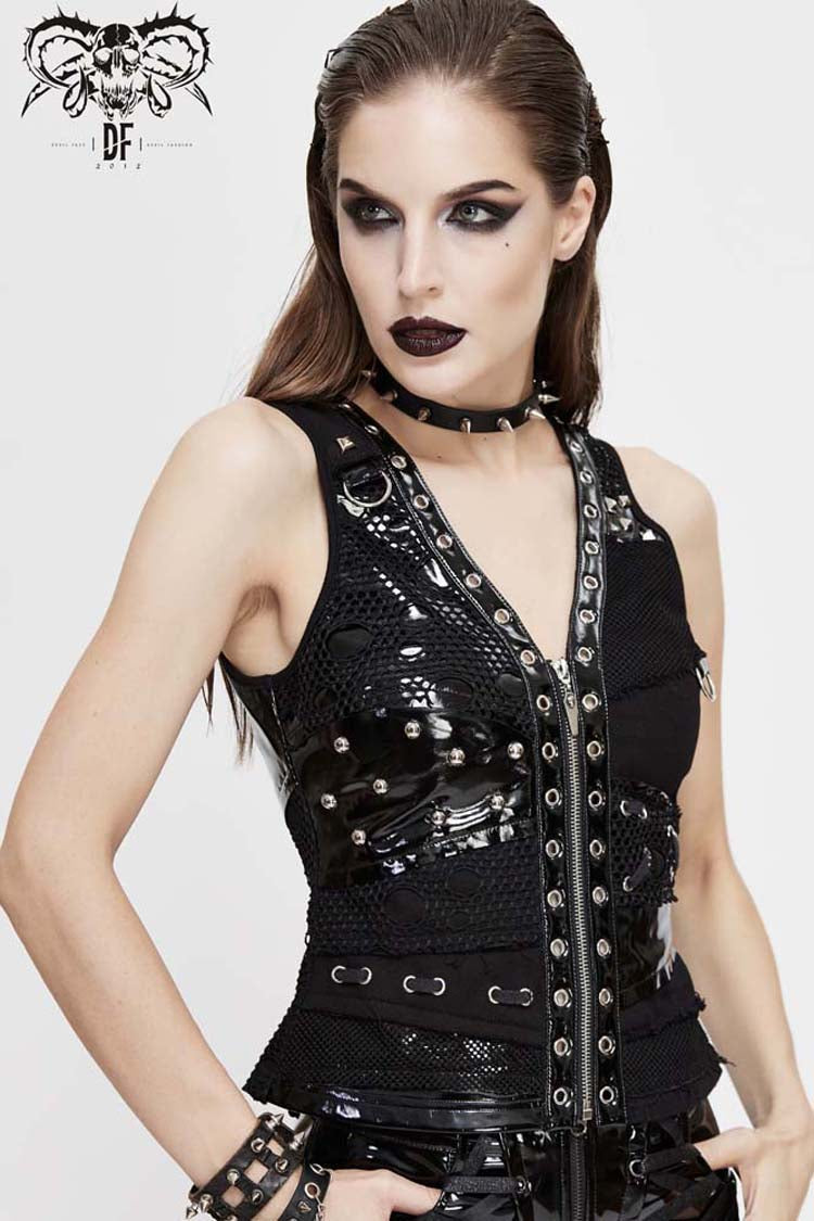 Asymmetrical Mesh Punk Waistcoat with Metal Accents