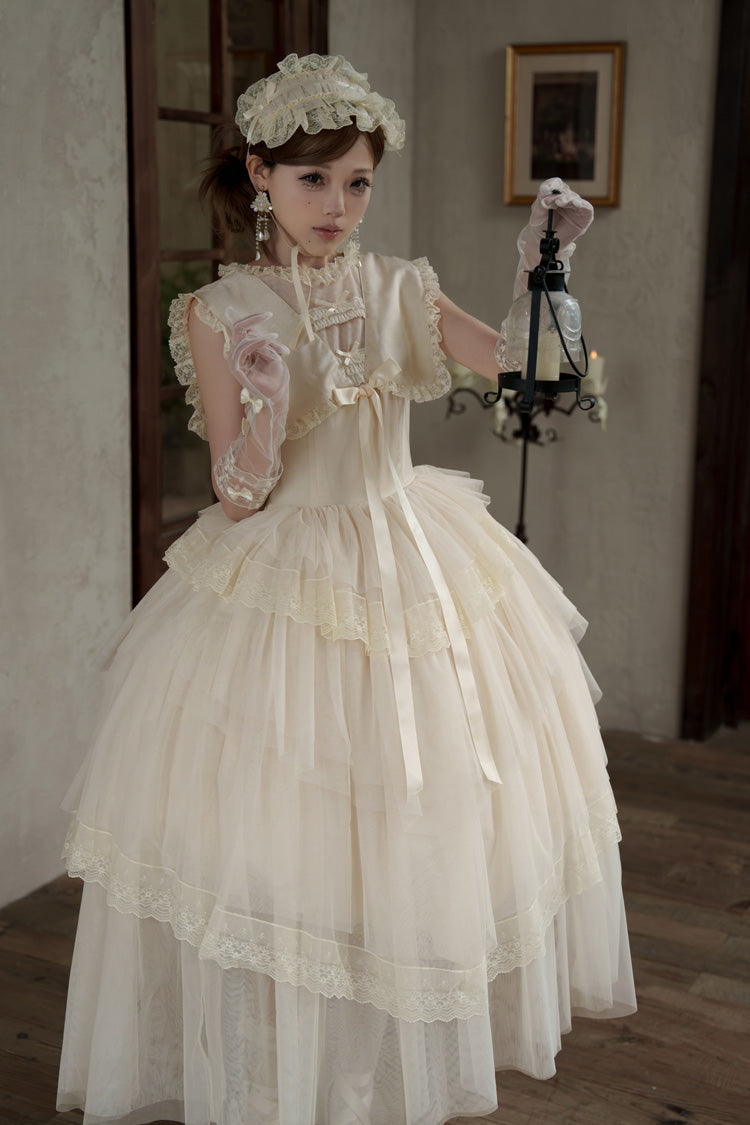 Ivory Elegant Dress with Triple Ruffles and Bow Embellishments - Dream by the Pillow