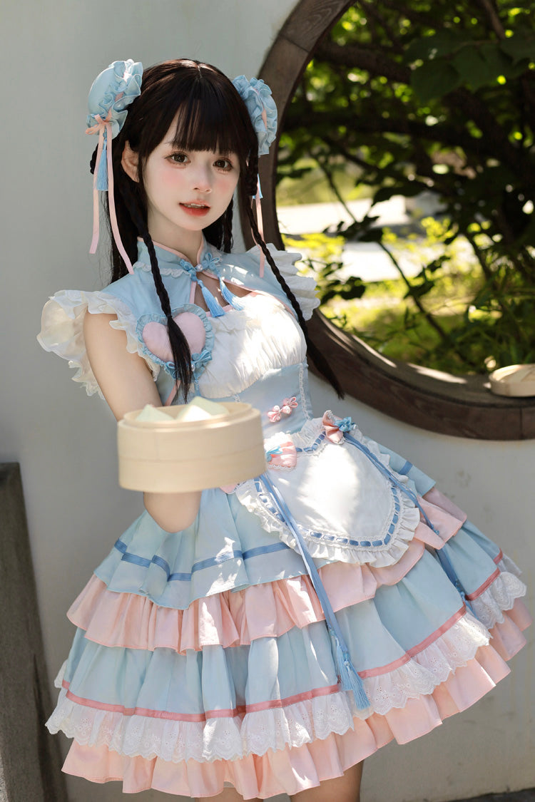 Blue Pink Multi-Layered Ruffled Sweet Chinese Maid Cheongsam Dress