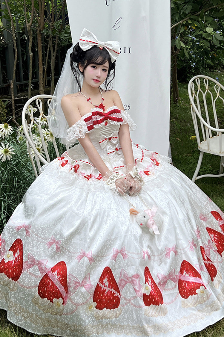 Ivory Off-Shoulder Strawberry Print Dress Set with Ruffles - True Love Strawberry