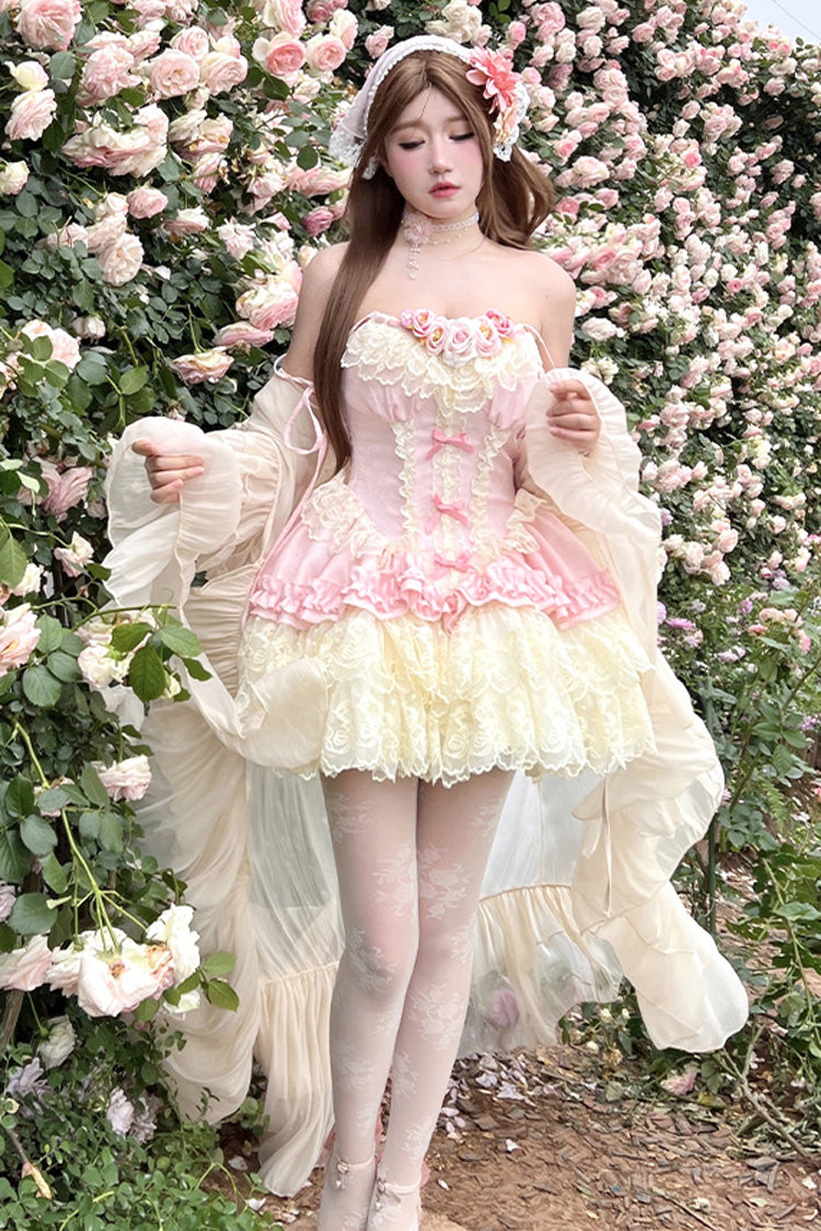 Pink Multi-Layered Ruffled Embroidered Bow Lace Sweet Lolita JSK Dress