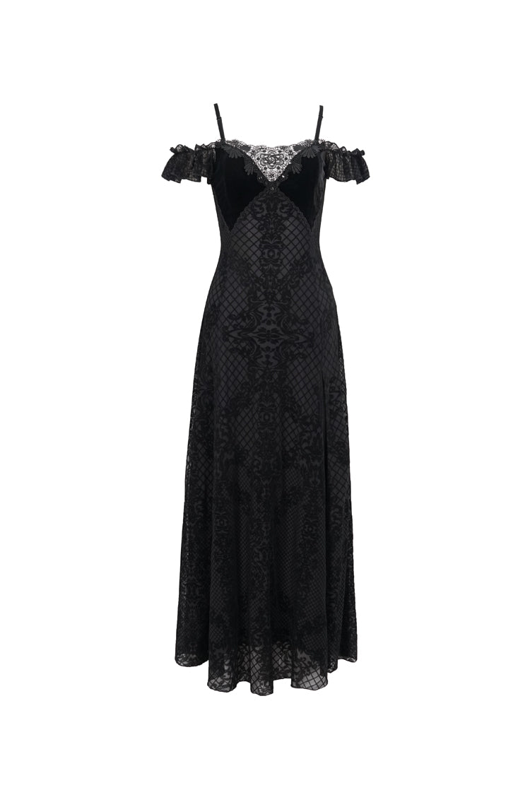 Raven Velvet Off-Shoulder Lace Gothic Dress with Ruffled Hem