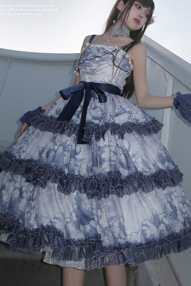 Multi-Color Cumulonimbus Printed Sweet Lolita JSK Dress - Multi-Layer Ruffled