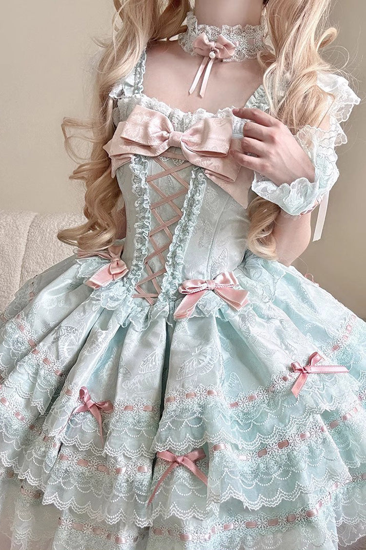 Green Sleeveless Ruffled Bow Lace-Up Sweet Elegant JSK - Flora Isle Butterfly