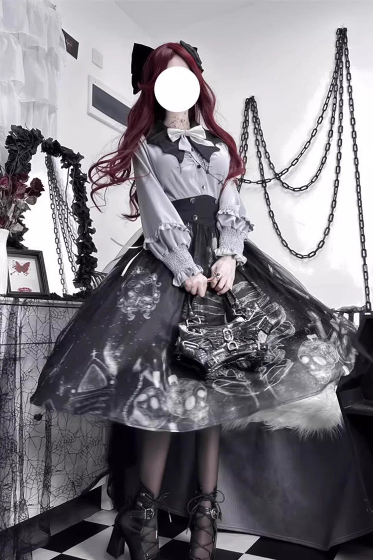 Black Printed Gothic Punk Skirt Set - Halloween Elegant Lolita