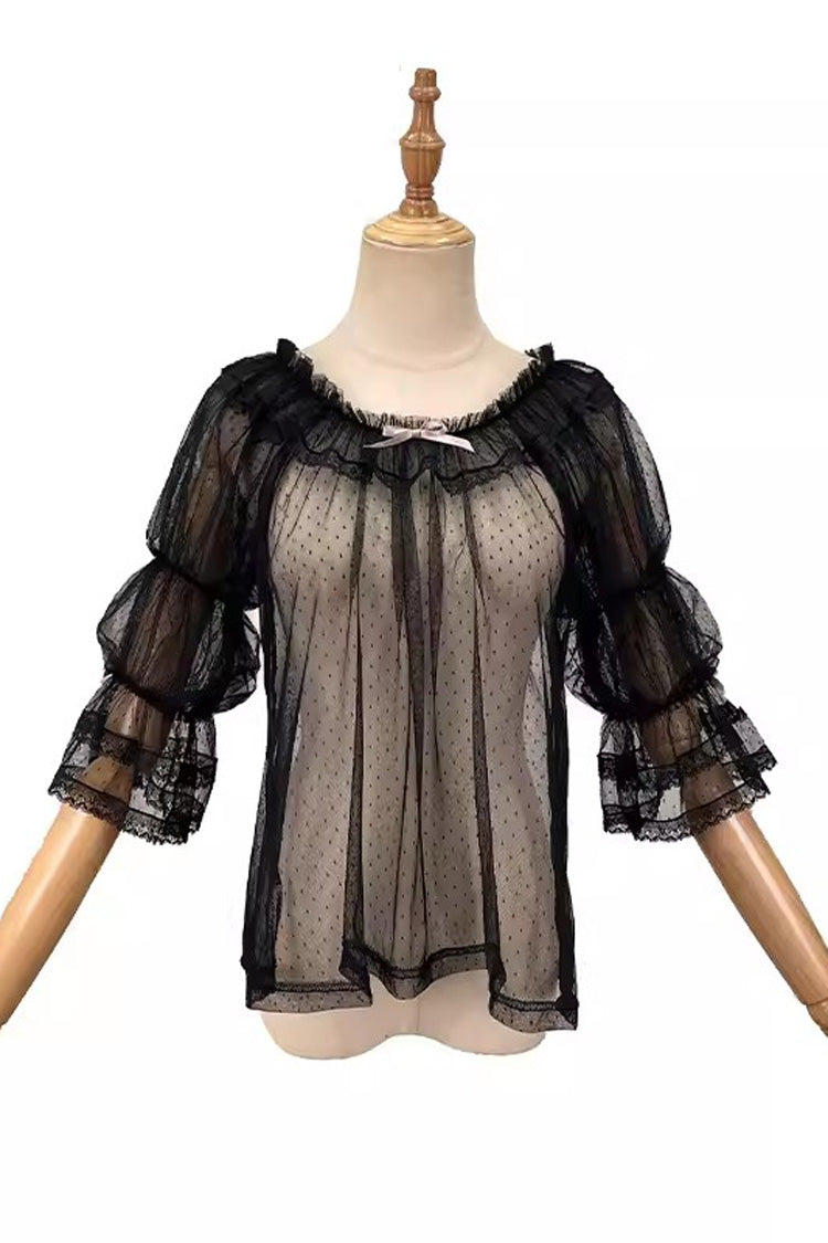 Lovely Half-Lantern Sleeve Sheer Bow-Trimmed Blouse in Two Shades