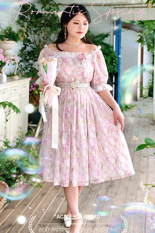 Boat Neck Ruffled Short Sleeves Plus-Size Floral Print High-Waist Girly Lolita OP Gown