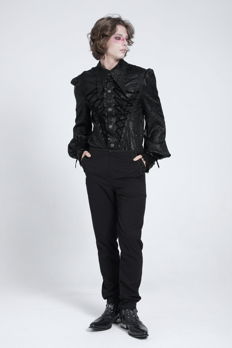 Jet-Black Gothic Blouse with Puffed Sleeves and Jacquard Lace for Men