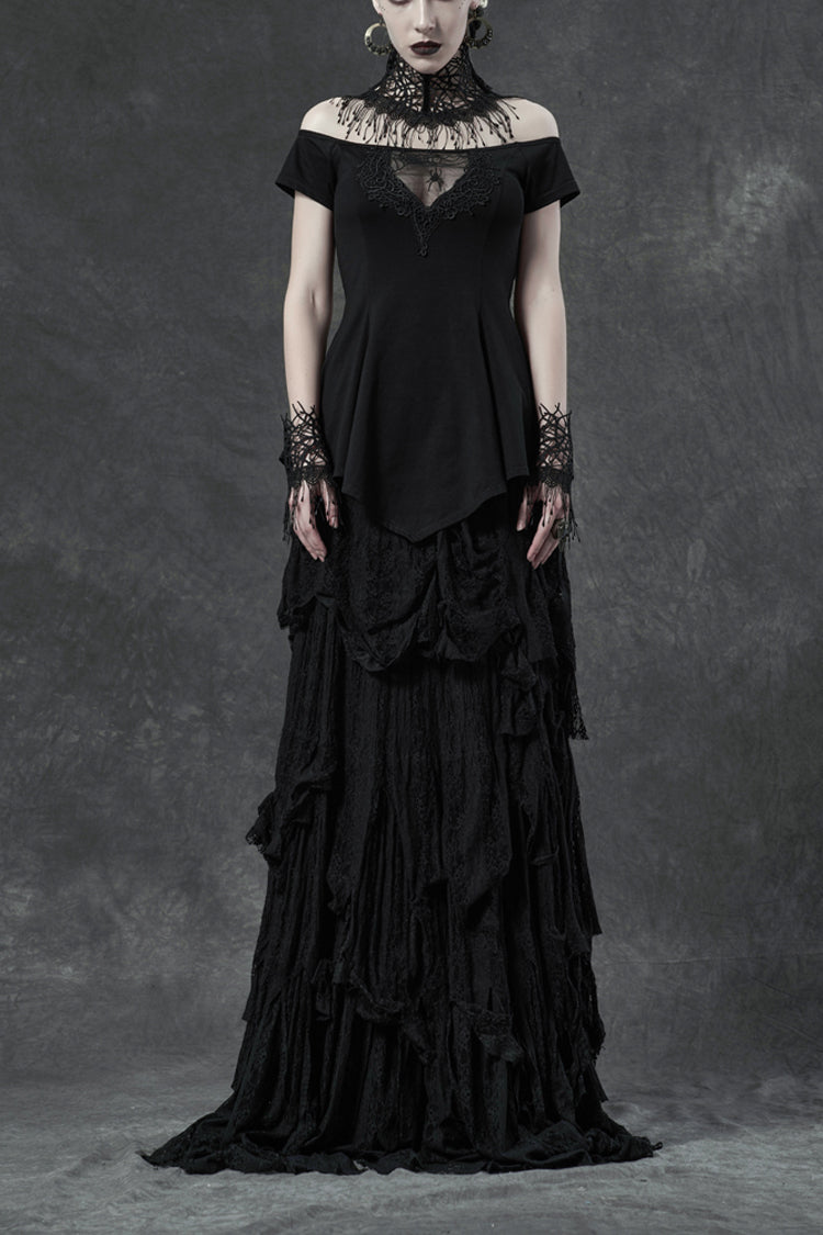 Gothic Tee with Lace Embroidery and Frilled Hem for Women