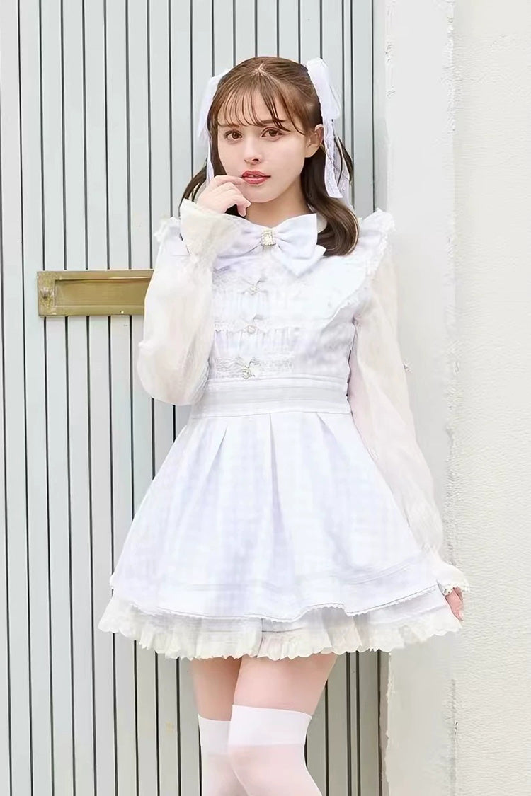 Lapel Collar Plaid Print Bow Plus Size Jirai Dress and Shorts Set in Three Colors