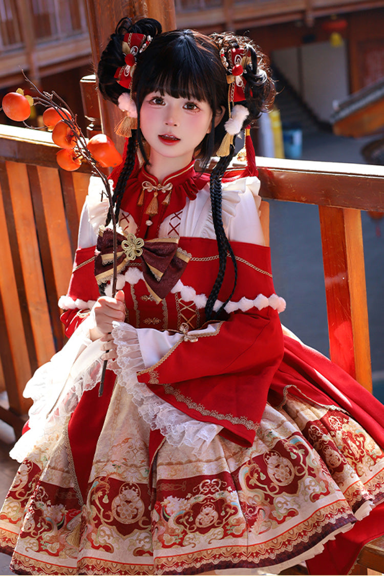 New Year Red Print Ruffle Bowknot Lace-Up Sweet Chinese Style JSK Dress