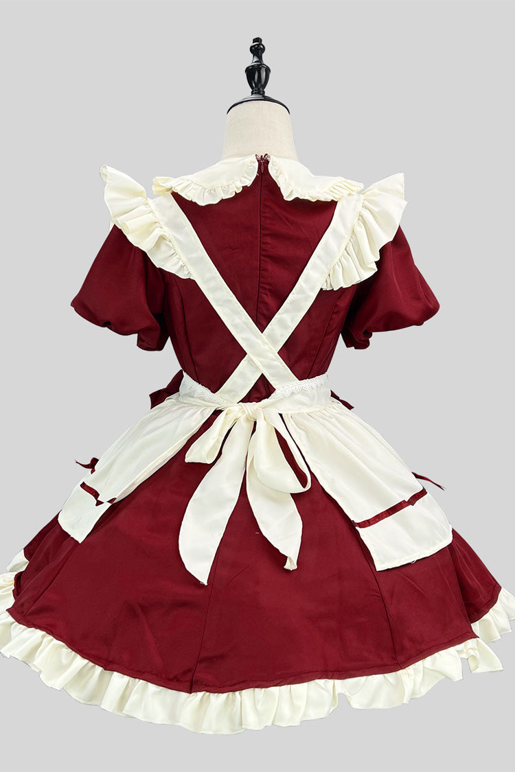 Wine/White Short Sleeve Ruffled Bow Lace Plus Size Maid Dress
