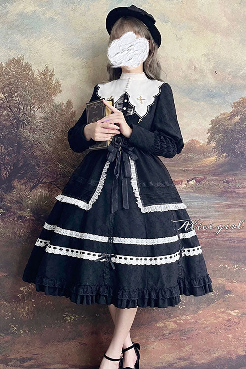 Black Cross Church Lace Long Sleeve Ruffled Classic Lolita OP Dress - Altfashion Shop