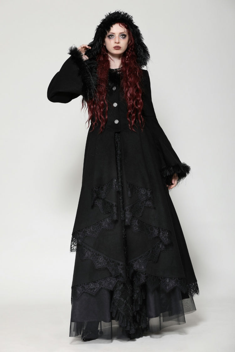Charcoal Hooded Romantic Coat with Flared Sleeves and Buttons