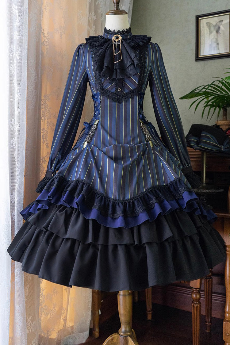 Point Manor Stand Collar Long Sleeves Multi Layer Striped Printed Ruffle Gothic Lolita Dress