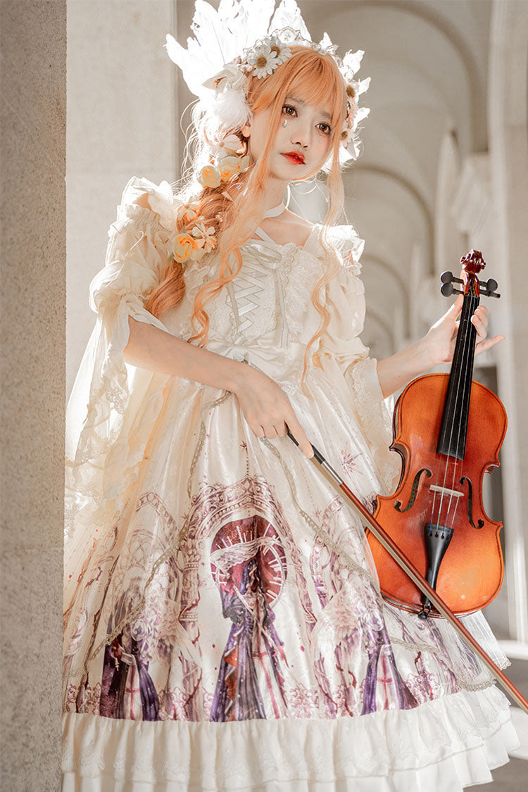 Ivory Gothic Lolita JSK Dress with Angel Wings Print and Mesh Ruffles - Altfashion Shop