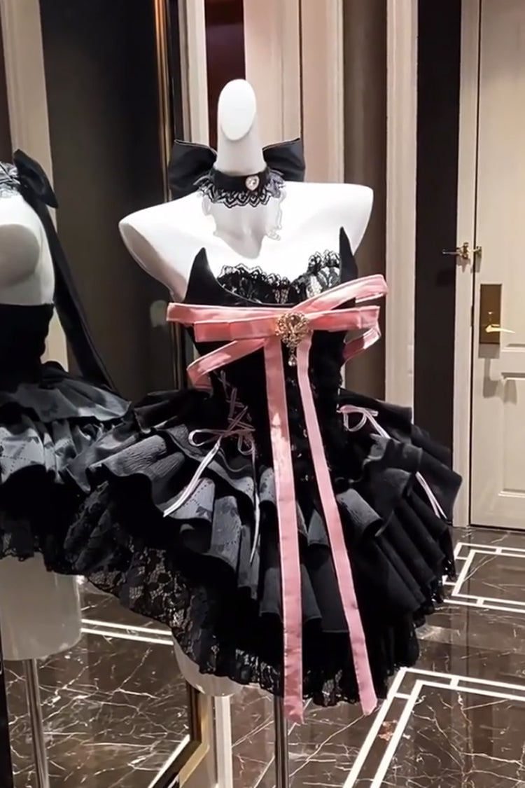 Princess Ballet Gothic Lolita JSK Dress with Ruffled Bow and Lace-Up - Black