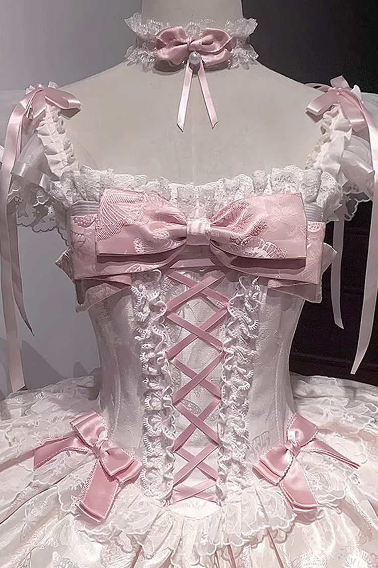 Pink Sleeveless Ruffled Bow Lace-Up Sweet Elegant JSK - Flora Isle Butterfly