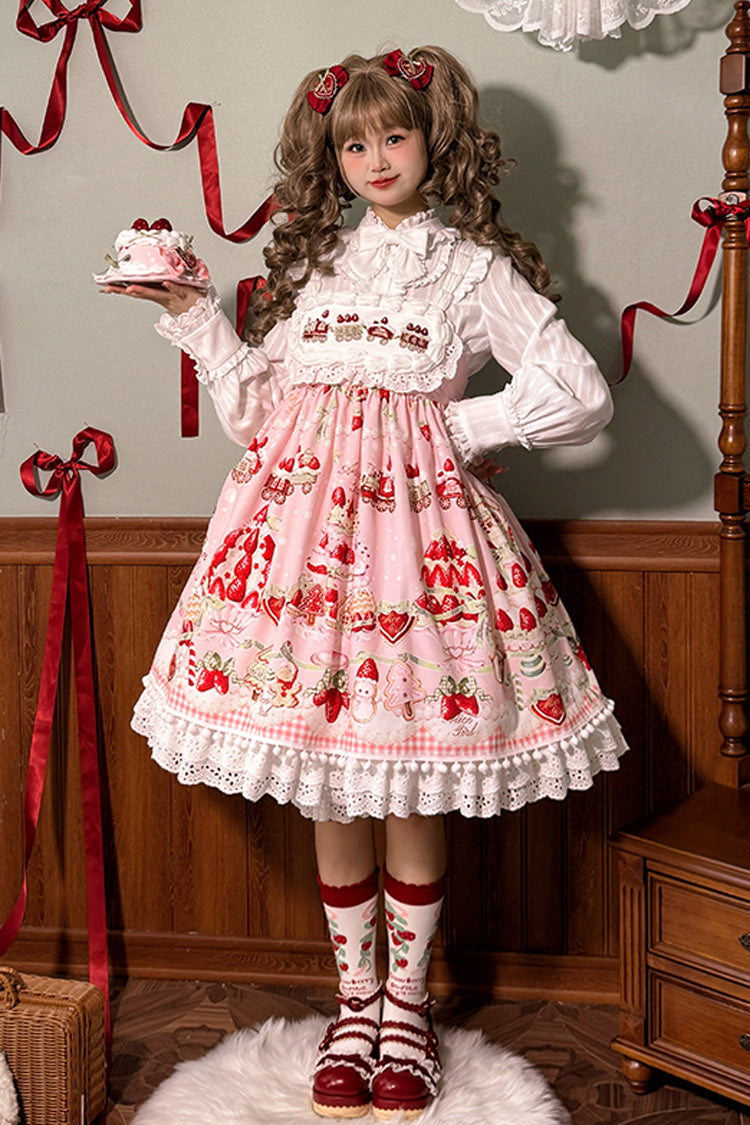 Mint Strawberry Dessert Printed High-Waisted Sweet Lolita JSK Dress - Ruffled