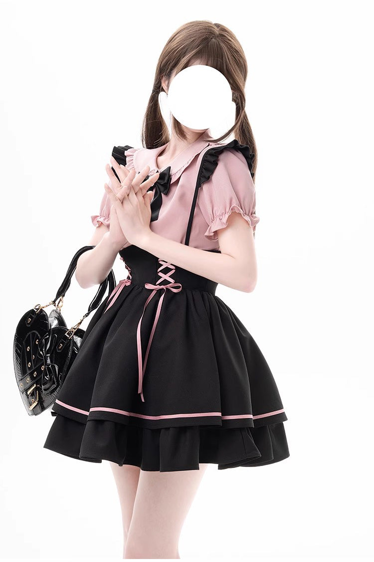First Sakura Short Sleeves Multi-layer Lace-Up Sweet Jirai Kei Japanese Set - Black/Pink