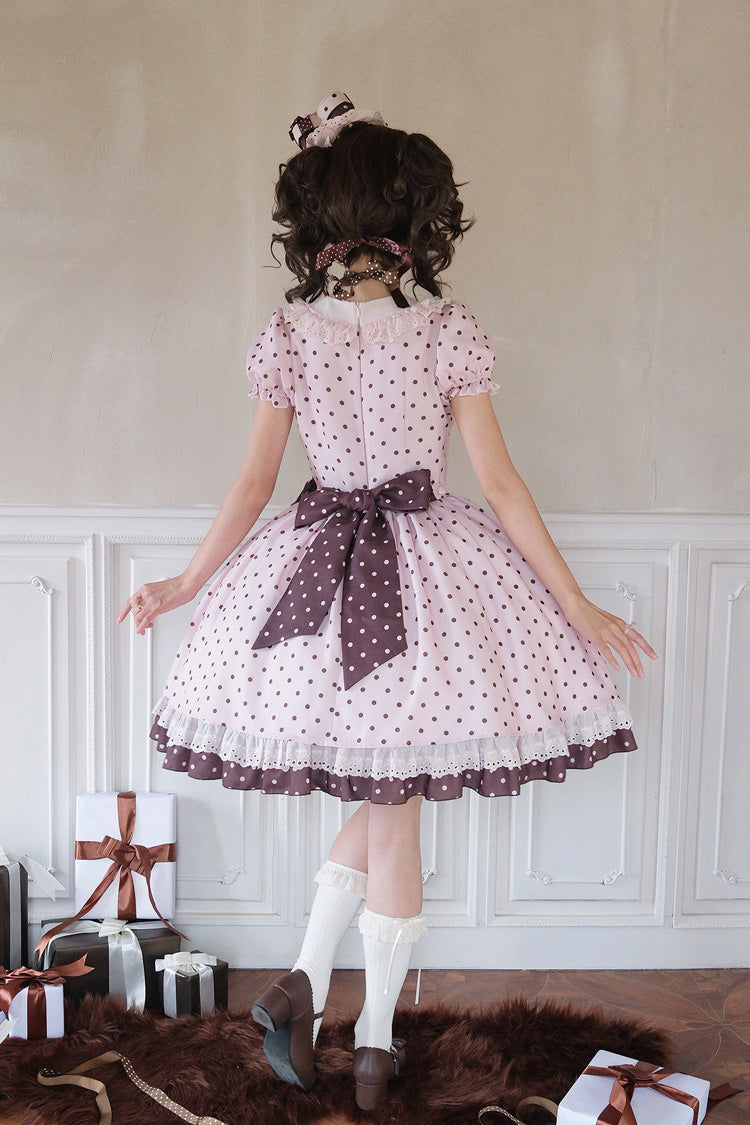 Canelé Gift Box Round Collar Short Sleeves Double-Layered Printed Polka Dot Ruffled Open-Front Bow Asymmetric Sweet Lolita Dress - Pink