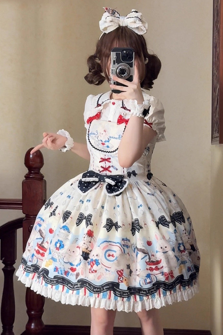 Sleeveless Print Ruffle Bowknot Lace Sweet Lolita Jsk Dress Beige