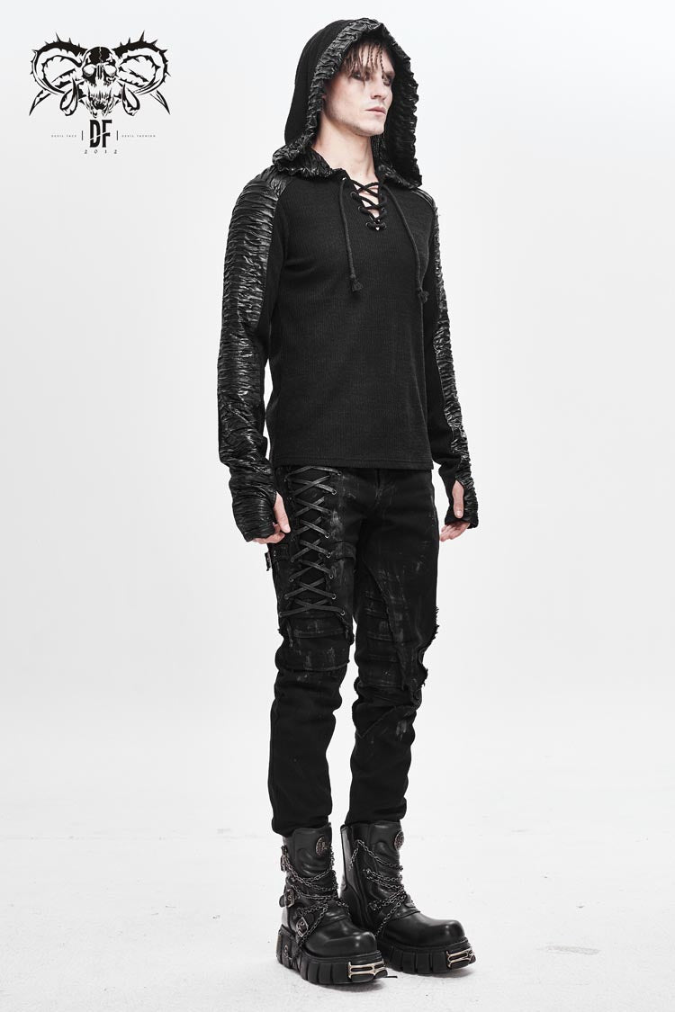 Men's Punk T-Shirt with Striped Wool Hood Lace-Up Crimped Fabric