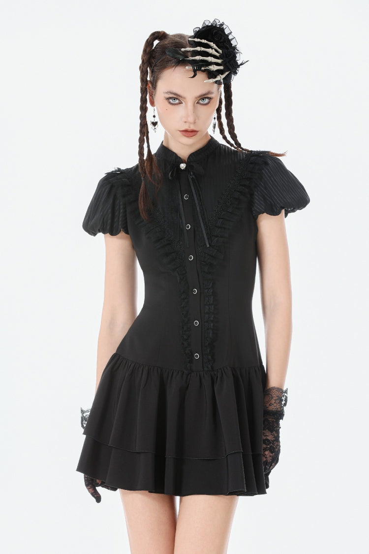 Pleated Bow Lace-Up Short Sleeve Gothic Lolita Dress - Black