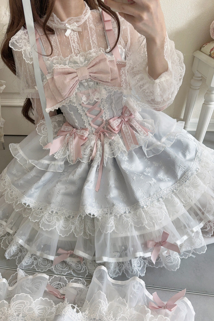 Blue Ballet Lace Ruffle Sleeveless Bowknot Sweet Jsk Dress - Fleishi Island