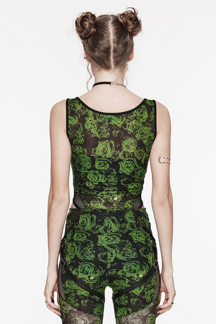 Sleeveless Lace Mesh Sheer Steampunk Bodysuit with Print