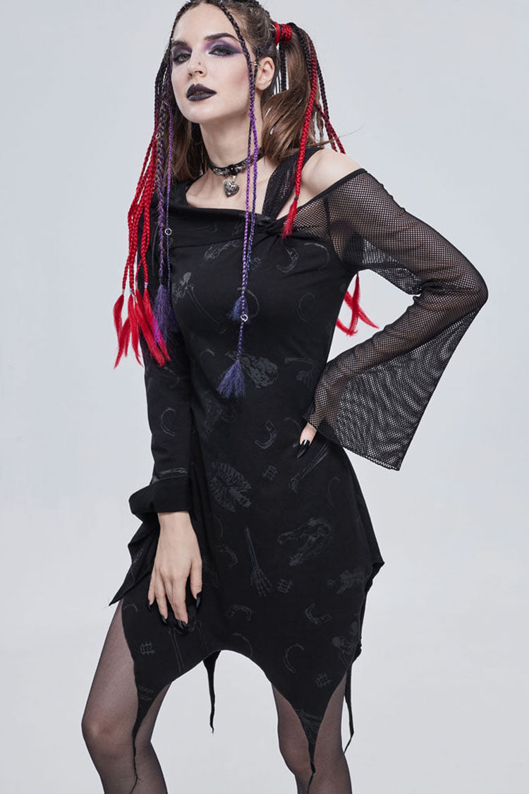 Off-Shoulder Graphic Print Asymmetric Mesh Gothic Dress
