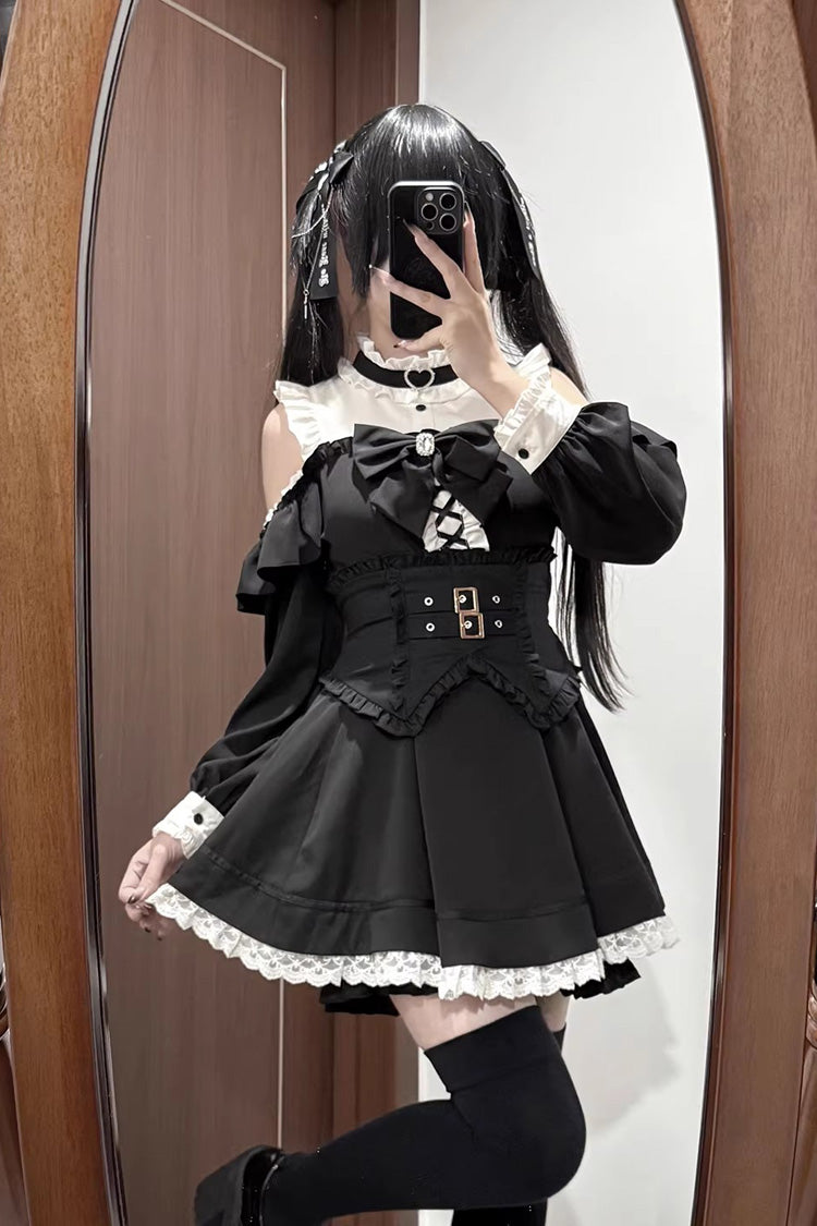 Monochrome Off-Shoulder Ruffle Jirai Kei Dress Ensemble