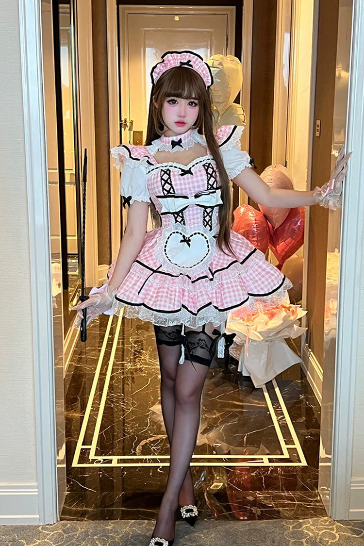 Sweet Lolita Maid Dress with Printed Ruffled Bow and Square Collar - Pink
